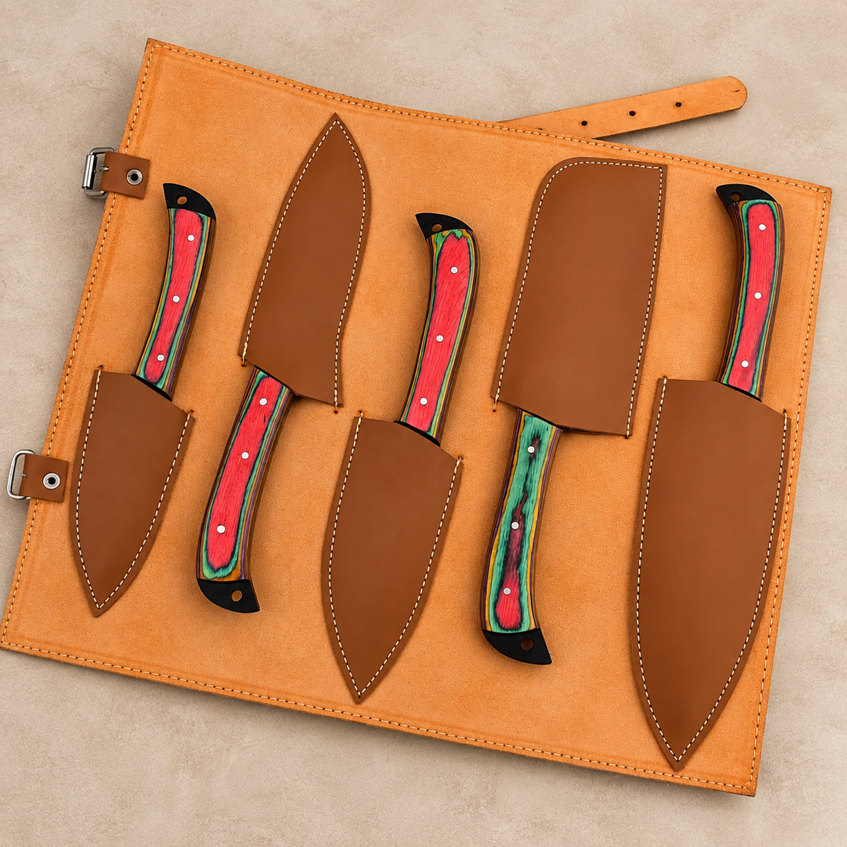 Custom Handmade Carbon Steel Chef Knife Set – 5 Piece Kitchen Knives with Leather Sheath