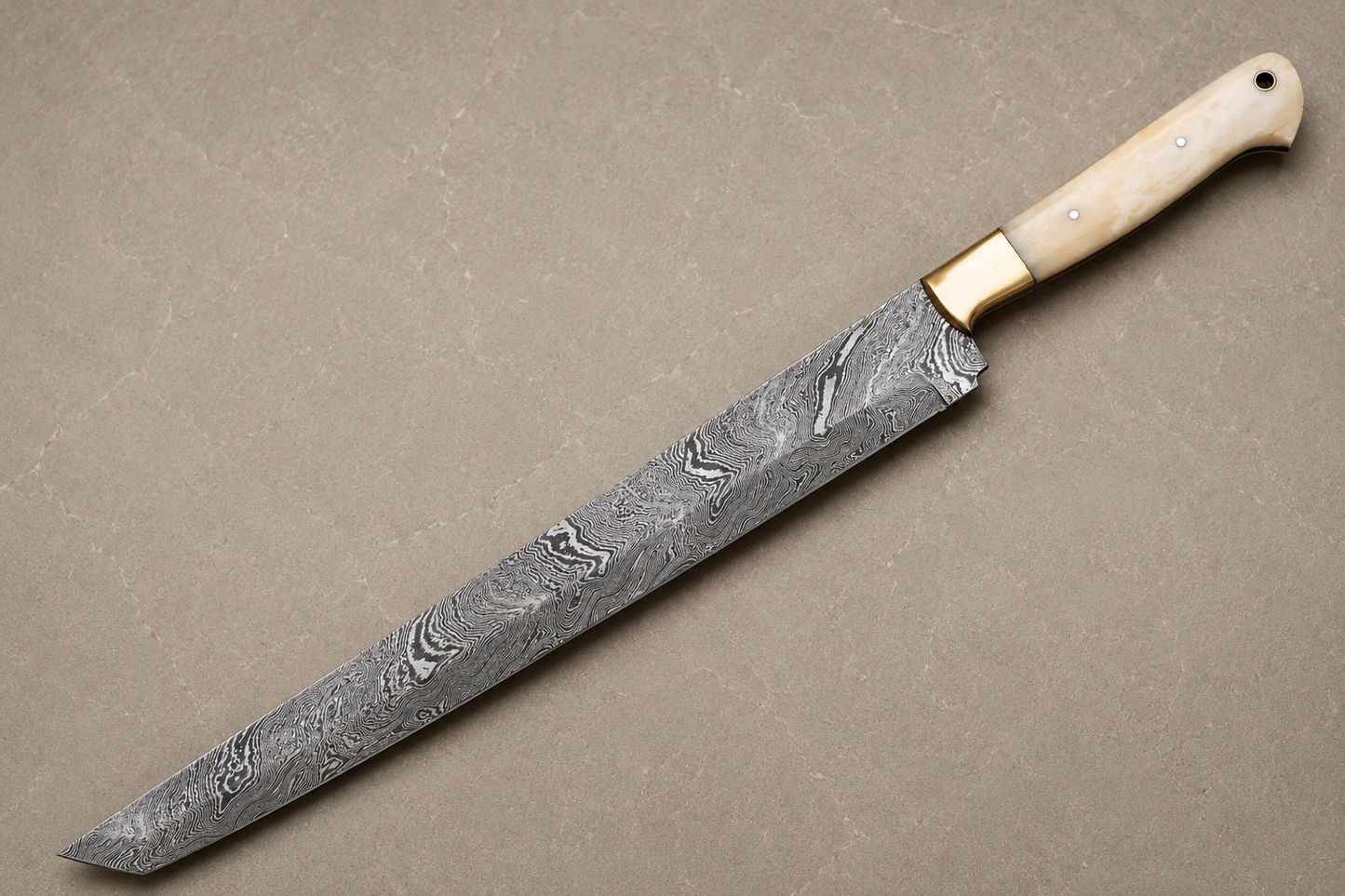 Copper Ridge Damascus Kitchen Knife – 10-Inch Artisan Blade with Camel Bone Handle
