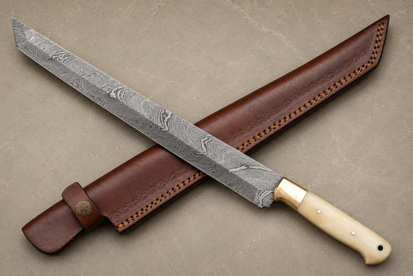 Copper Ridge Damascus Kitchen Knife – 10-Inch Artisan Blade with Camel Bone Handle