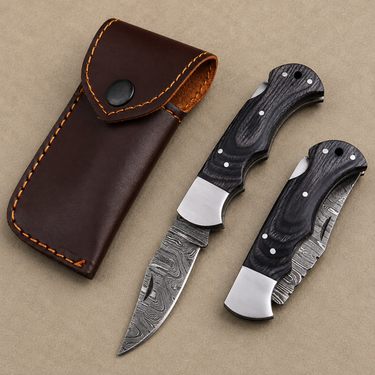 Artisan Folding Damascus Steel Pocket Knife – Black Pukka Wood Handle | Steel Bolster | Classic Back Lock