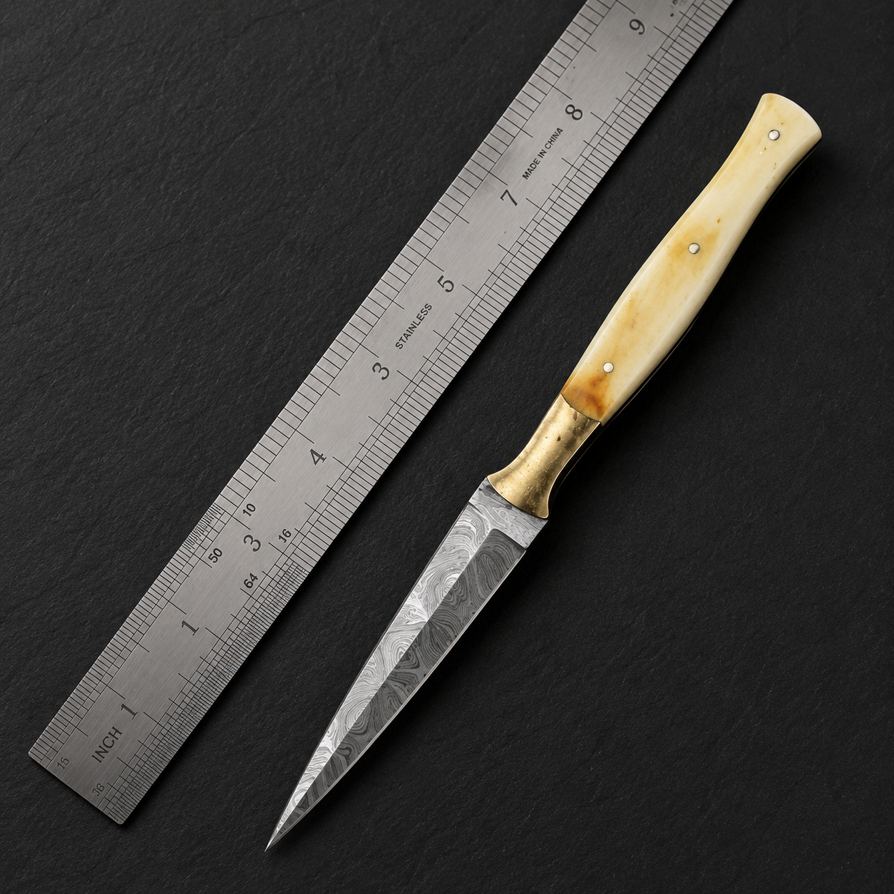 Legacy Damascus Steel Knife – 512 Layer Hand Forged Blade with Camel Bone, Brass Bolster & Leather Sheath