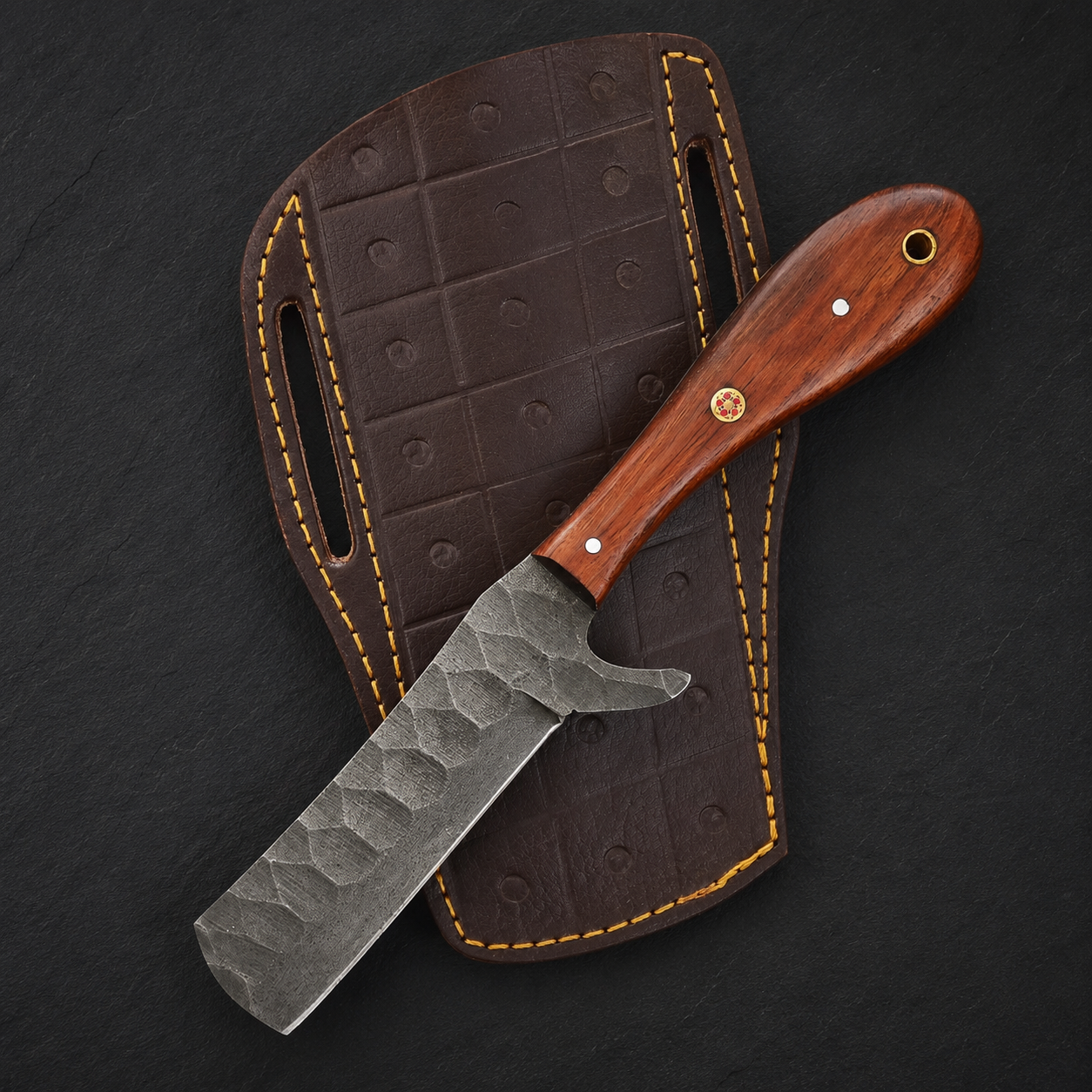 Hand Forged Railroad Steel Fixed Blade Knife with Wood Handle & Engraved Leather Sheath