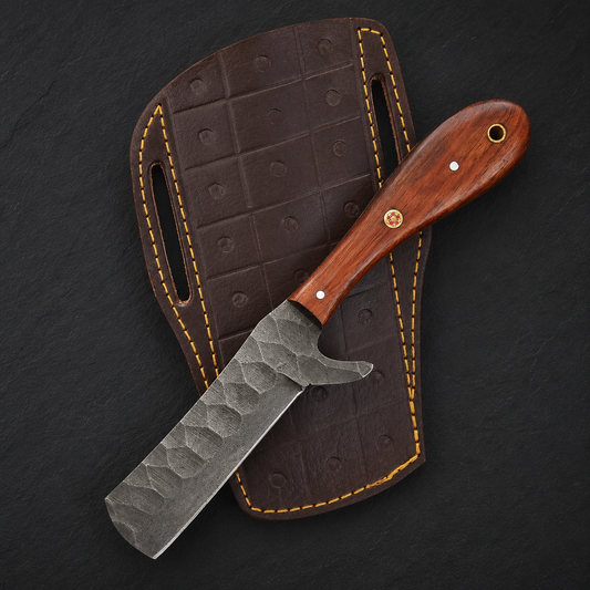 Hand Forged Railroad Steel Fixed Blade Knife with Wood Handle & Engraved Leather Sheath