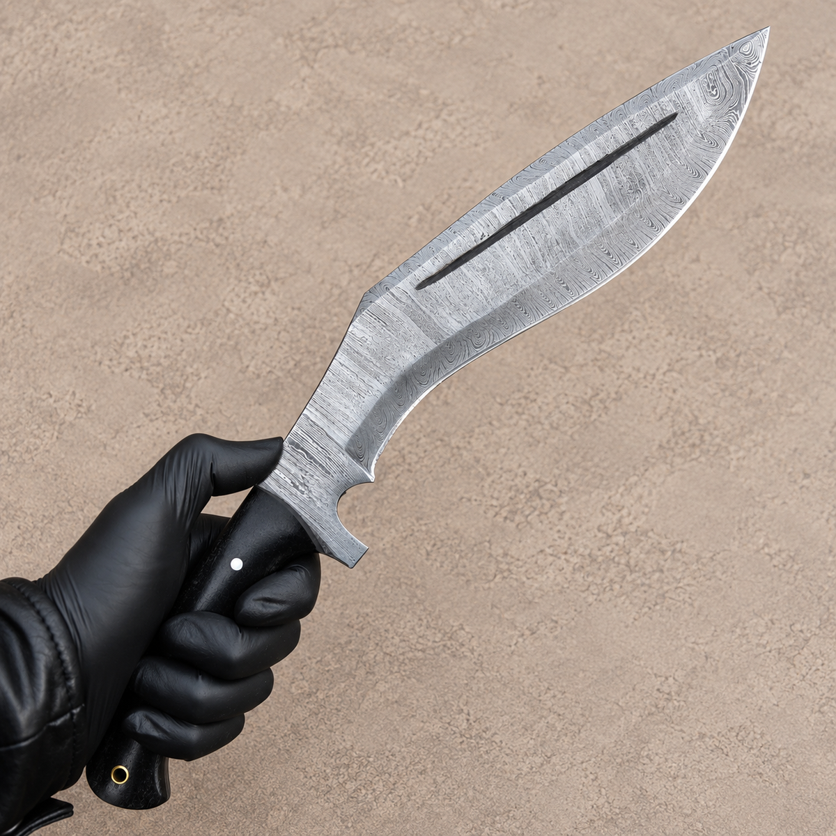 Custom Hand Forged Damascus Kukri-Style Knife with Micarta Handle & Leather Sheath