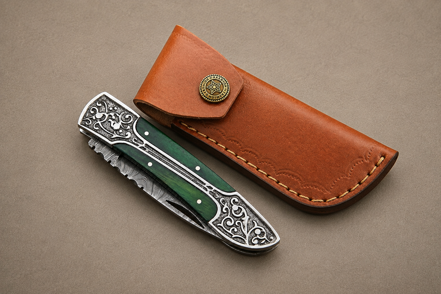 Hand Forged Damascus Steel Folding Pocket Knife with Wood Handle & Leather Sheath