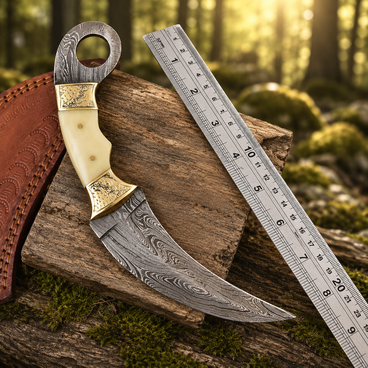 Handmade Damascus Steel Curved Fixed Blade Knife – Camel Bone Handle & Engraved Brass Bolster | Leather Sheath Included