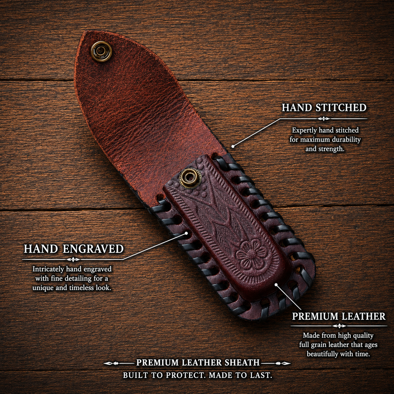 Handmade Leather Folding Utility Knife Sheath – Hand Engraved Universal EDC Belt Holder 5.5 Inch