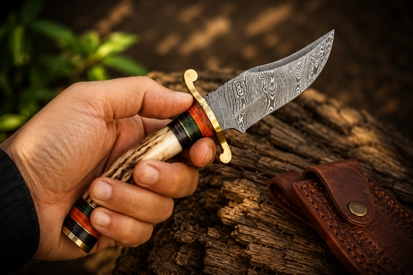 Heritage Damascus Steel Knife – Hand Forged 512-Layer Blade with Stag Handle, Brass Guard & Leather Sheath