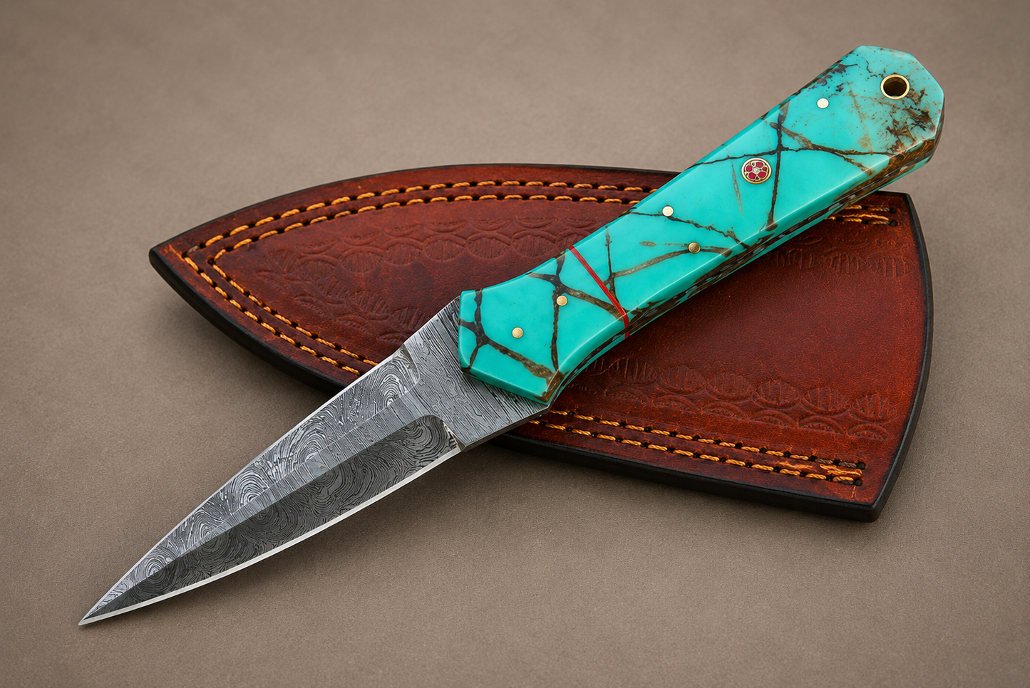 Copper Forge Damascus Steel Knife – 512 Layer Hand Forged Blade with Resin Handle & Leather Sheath