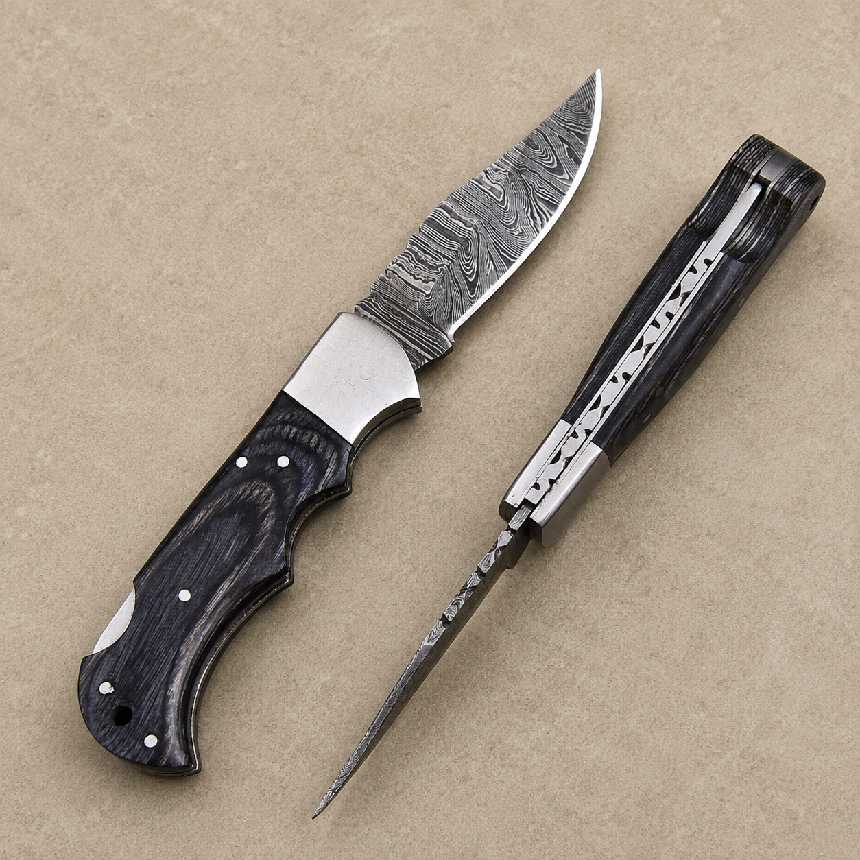 Artisan Folding Damascus Steel Pocket Knife – Black Pukka Wood Handle | Steel Bolster | Classic Back Lock