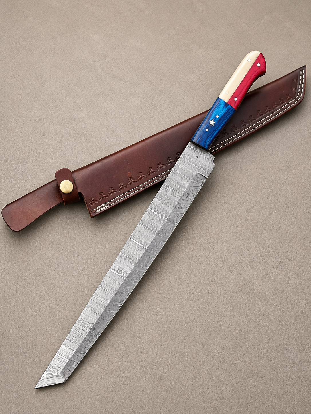 Lone Star Damascus Butcher Chef Knife – 15" Hand Forged Tanto-Style Kitchen Knife with Texas Flag Handle