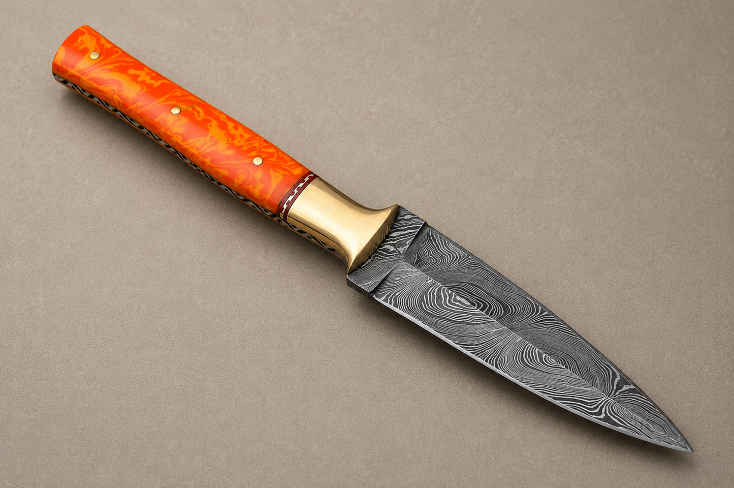 Ember Crest Damascus Steel Knife – 512 Layer Hand Forged Blade with Resin & Brass Handle and Leather Sheath