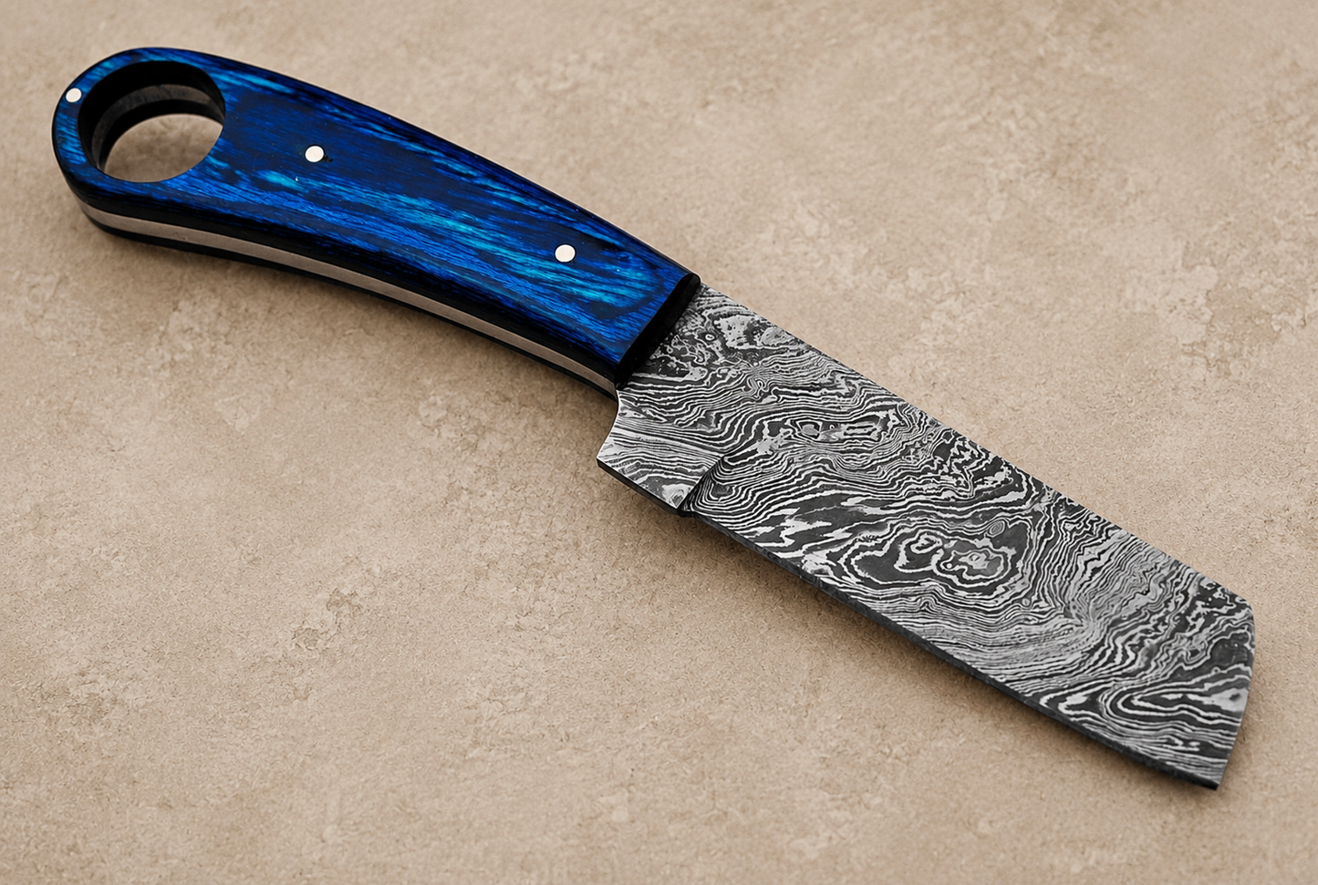 Prairie Forge Damascus Steel Utility Knife – Hand Forged Fixed Blade with Stained Wood Handle & Leather Sheath