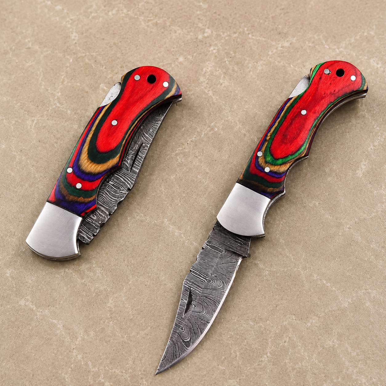 Classic Damascus Pocket Knife – Multi-Color Pakka Wood