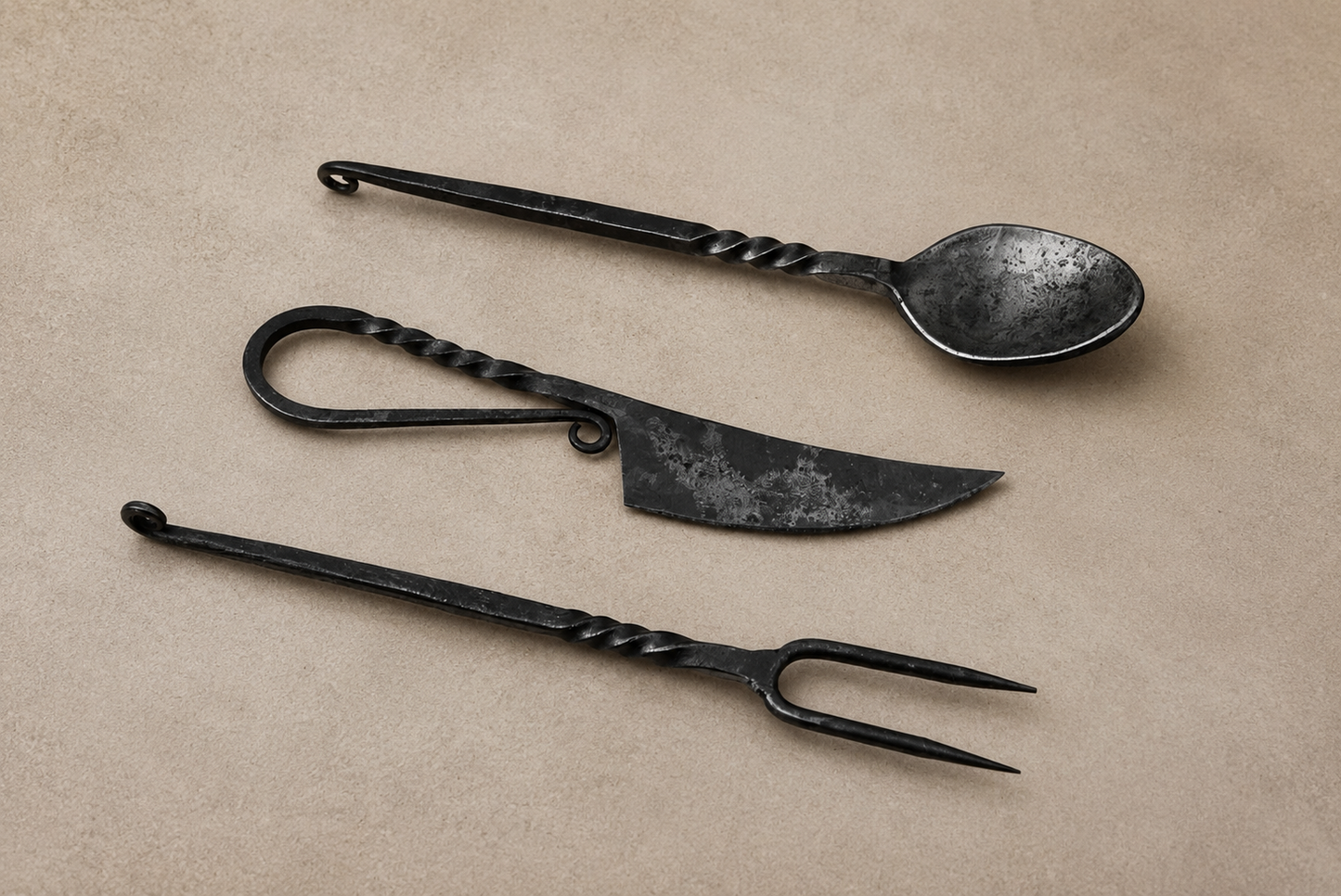 Hand Forged Medieval Damascus Utensil Set – Handmade Feasting Spoon Fork & Utility Set with Leather Pouch