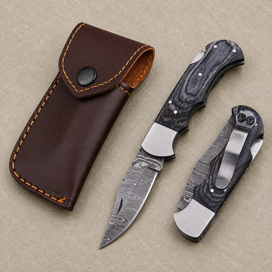 Personalized Damascus Folding Knife – Charcoal Black Pakka Wood Handle, Steel Bolster, Back Lock & Leather Sheath | Custom Engraved Gift