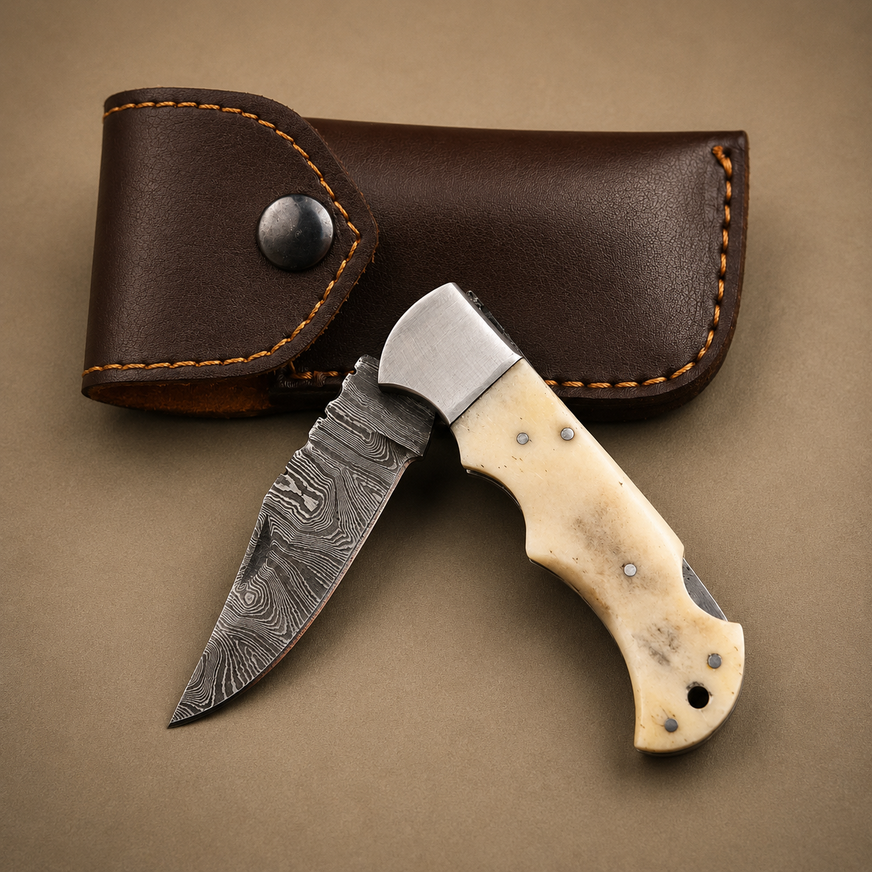 Ivory Peak Damascus Folding Knife – Premium Ivory Horn Handle, Steel Bolster & Leather Sheath