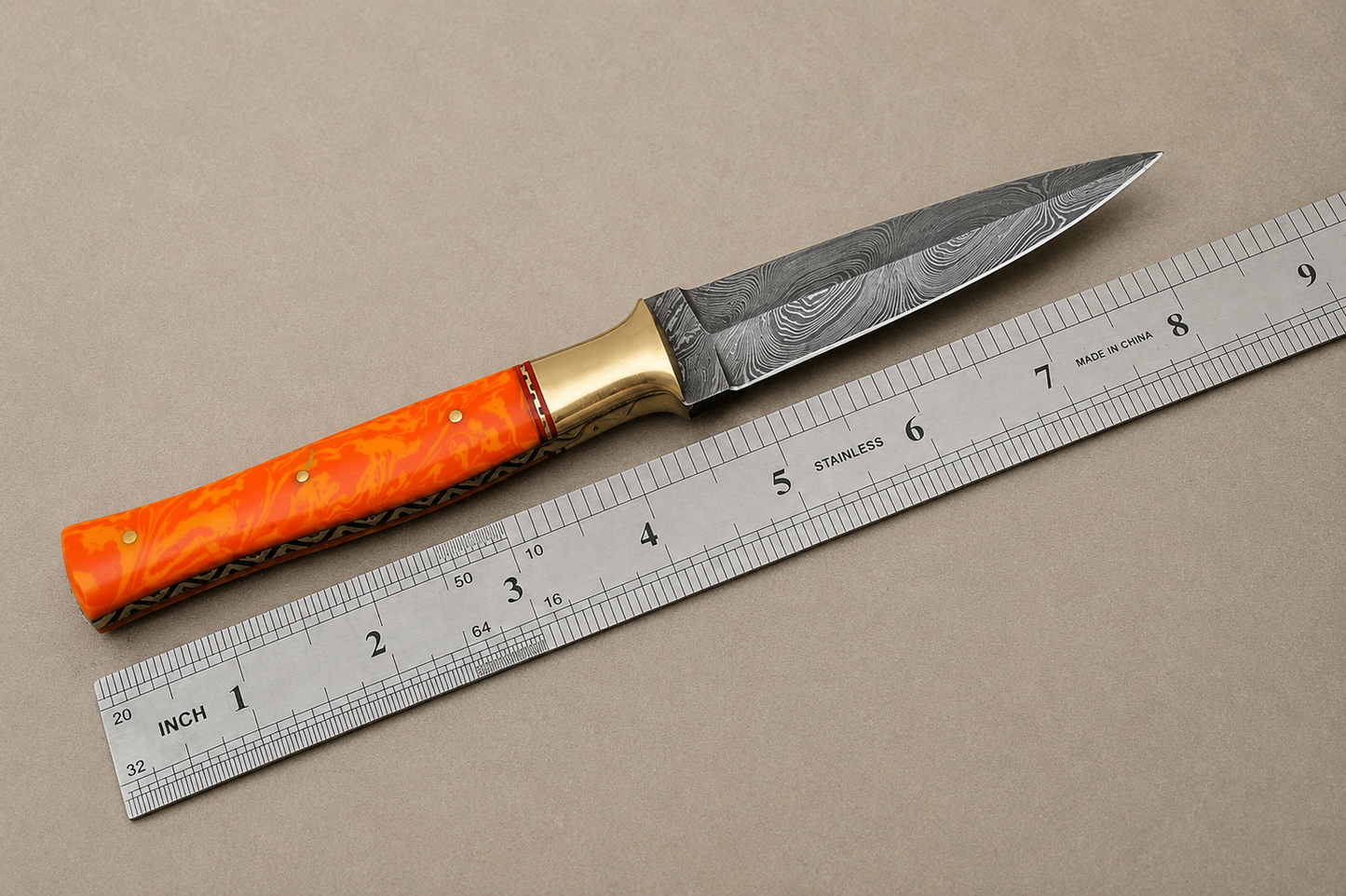 Ember Crest Damascus Steel Knife – 512 Layer Hand Forged Blade with Resin & Brass Handle and Leather Sheath