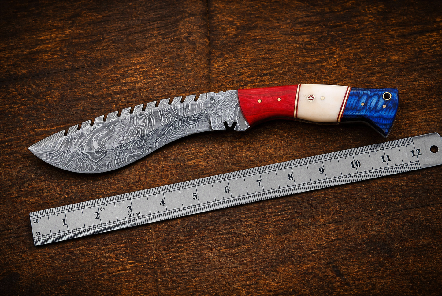 Hand Forged Damascus Steel Kukri Knife – 12” Curved Blade with Buffalo Bone Handle & Leather Sheath (512 Layers)
