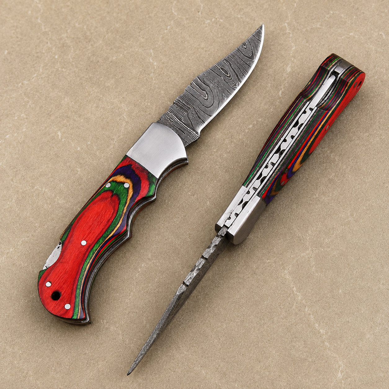 Classic Damascus Pocket Knife – Multi-Color Pakka Wood