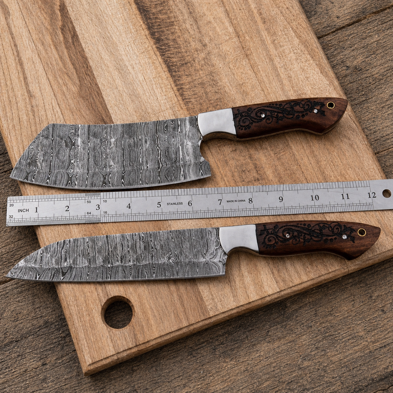 Hand Forged Damascus Steel Chef Knife Set – 2 Piece Kitchen Knife Set with Wood & Steel Bolster Handles (512 Layers)