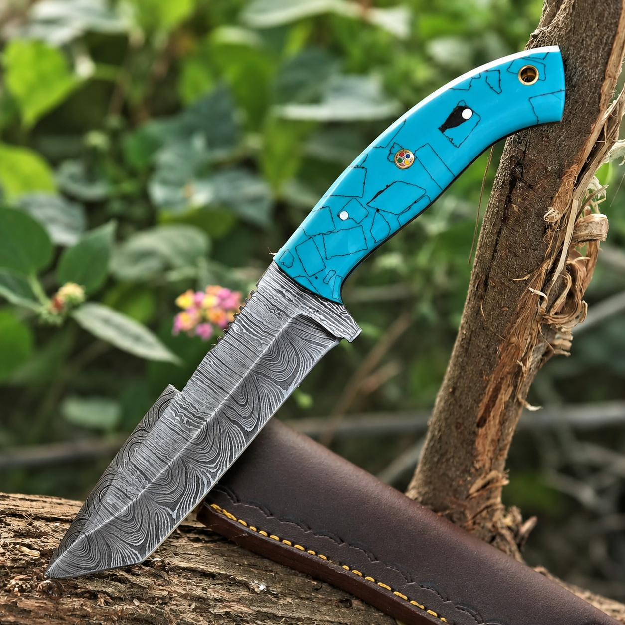 Handmade Damascus Steel Tanto Style Utility Knife – Hand Forged Premium EDC with Leather Sheath