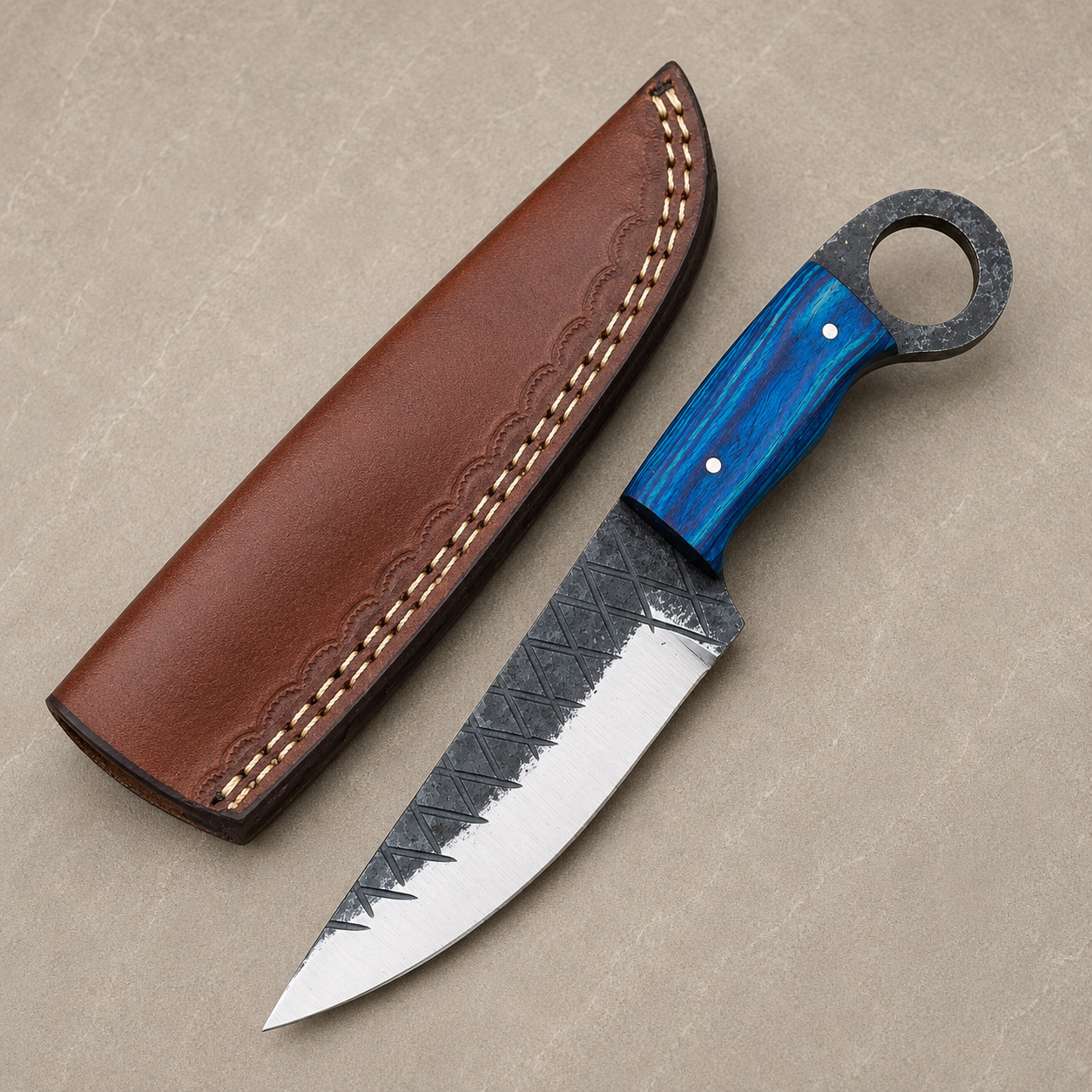 Timber Trail Carbon Steel Knife – Hand Forged Blade with Stained Wood Handle & Leather Sheath