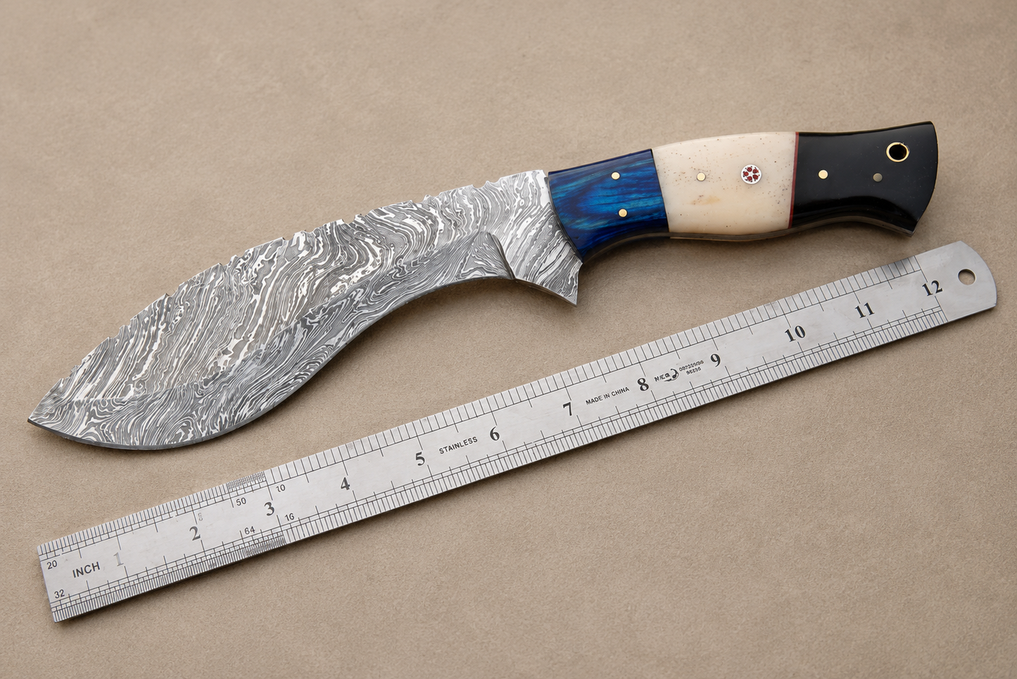 Mountain Forge Damascus Kukri Knife – 512 Layer Hand Forged Blade with Bull Horn & Bone Handle & Leather Sheath