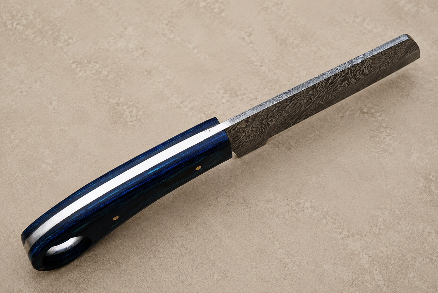 Prairie Forge Damascus Steel Utility Knife – Hand Forged Fixed Blade with Stained Wood Handle & Leather Sheath