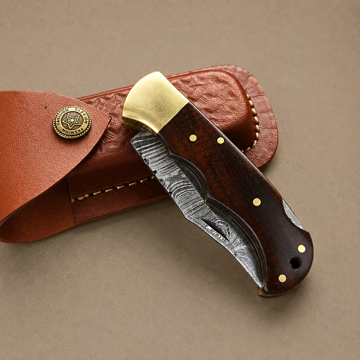 Hand Forged Damascus Steel Folding Pocket Knife with Espresso Wood Handle & Leather Sheath