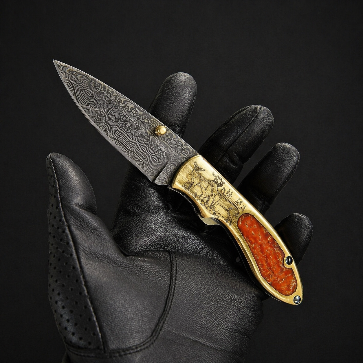 Custom Handmade Damascus Steel Folding Pocket Knife with Brass Handle – 512 Layers EDC Knife with Leather Sheath