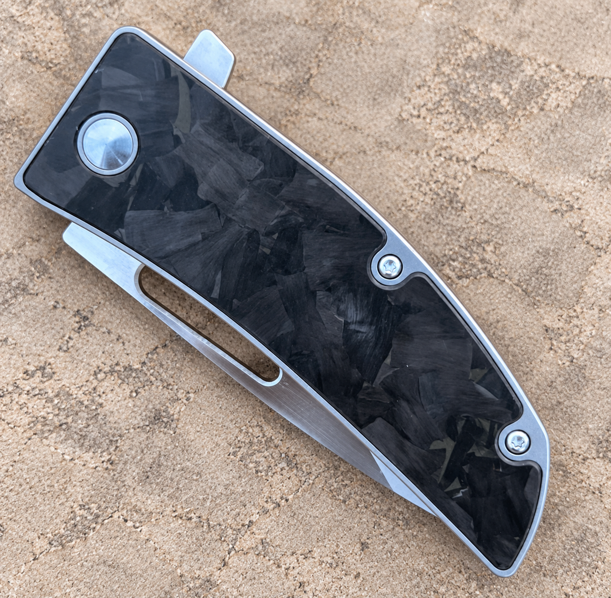 D2 Tool Steel Folding Knife with Forged Marble Carbon Fiber & Titanium Frame