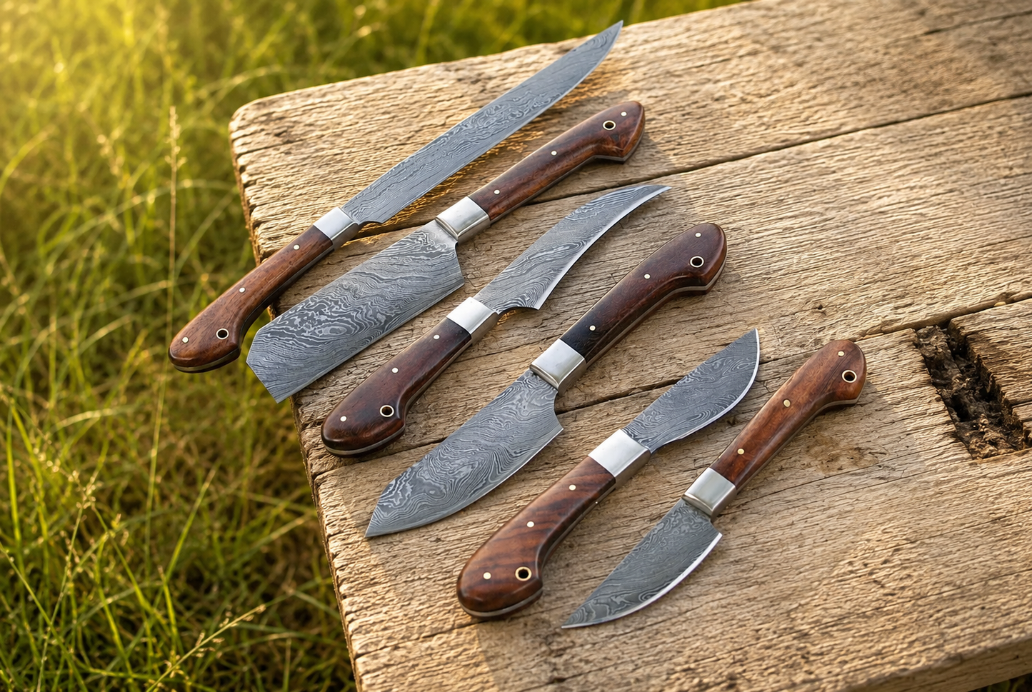 6-Piece Handmade Damascus Steel Kitchen Knife Set – Premium Chef Knives with Leather Sheath