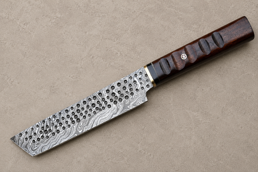 Frostwood Damascus Tanto Chef Knife – 512 Layer Hand Forged Kitchen Knife with Frost Wood Handle, Brass Guard