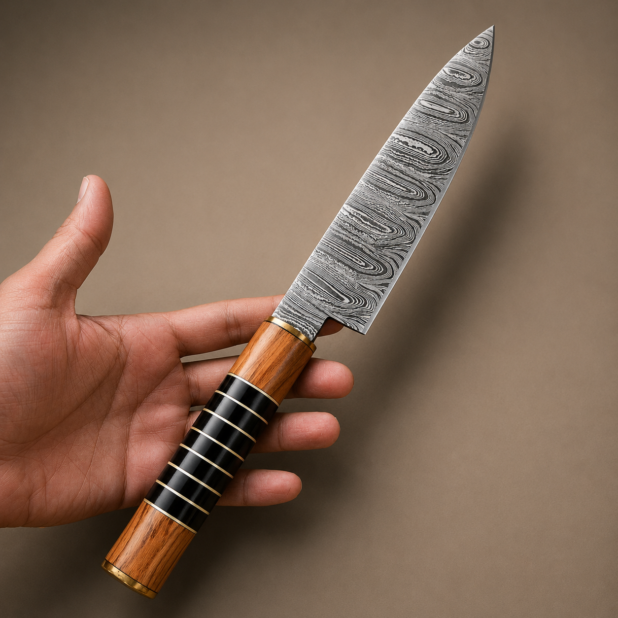 Twisted Damascus Chef Knife – 512 Layer Hand Forged Kitchen Knife with Horn & Olive Wood Handle