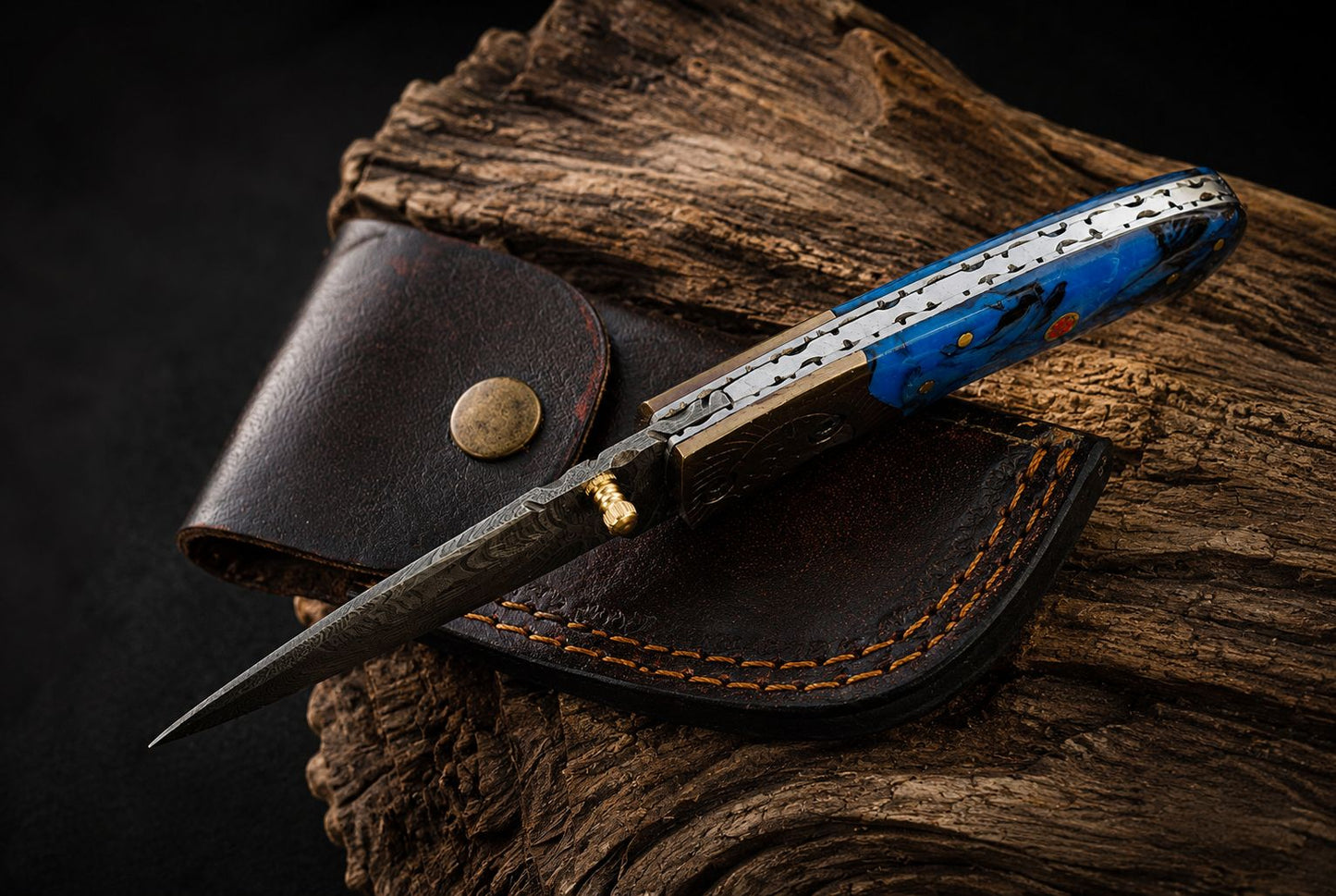 Handcrafted 512-Layer Damascus Steel Folding Utility Knife with Resin & Copper Handle – Premium EDC with Leather Sheath