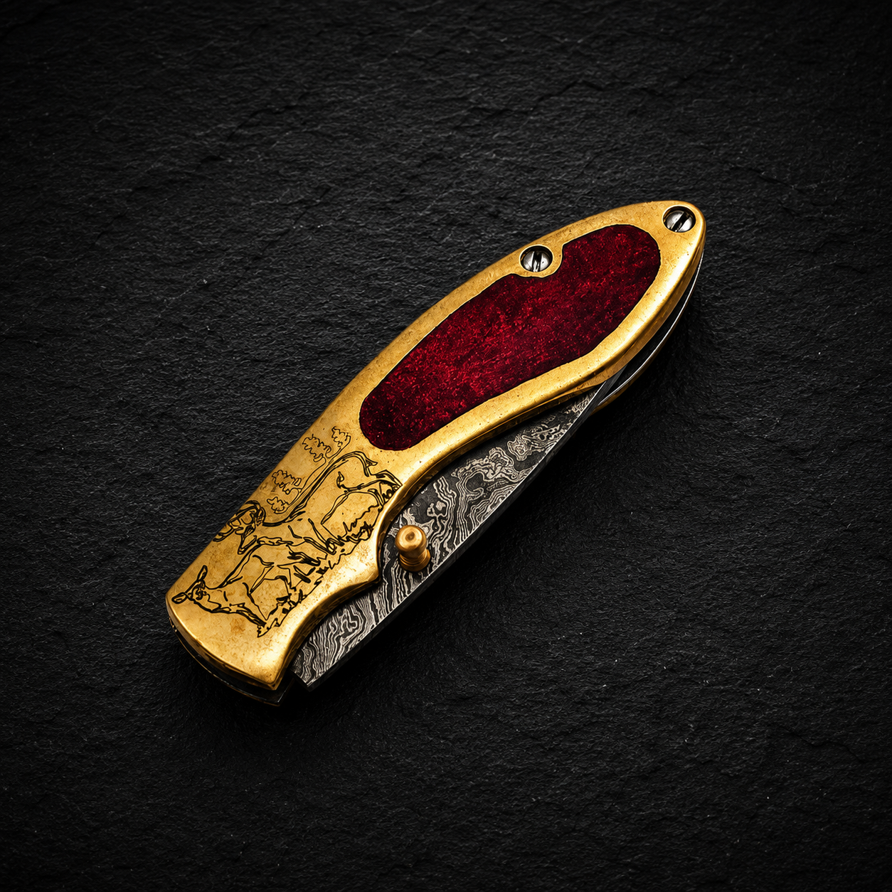 Brass Heritage Damascus Steel Folding Knife – 512 Layer Hand Forged Design with Resin & Brass Handle, Leather Sheath