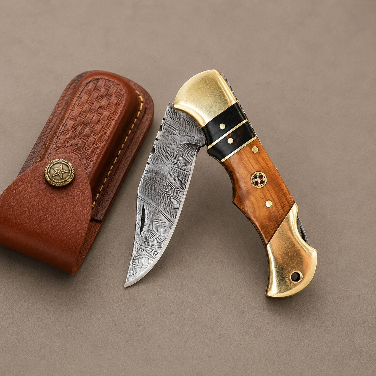 Hand Forged Damascus Steel Back Lock Folding Pocket Knife with Wood & Bull Horn Handle