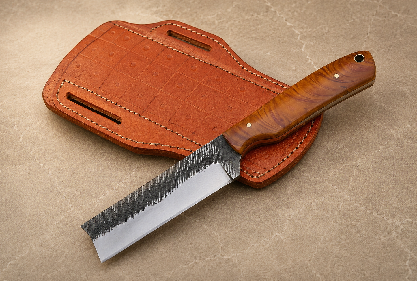Premium Hand-Forged Railroad Steel Bull Cutter Knife Leather Sheath Included