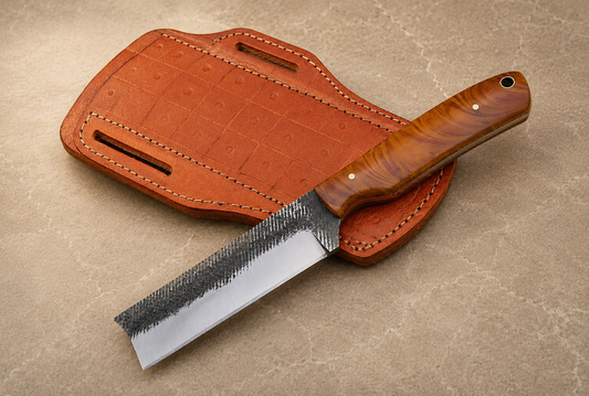 Premium Hand-Forged Railroad Steel Bull Cutter Knife Leather Sheath Included