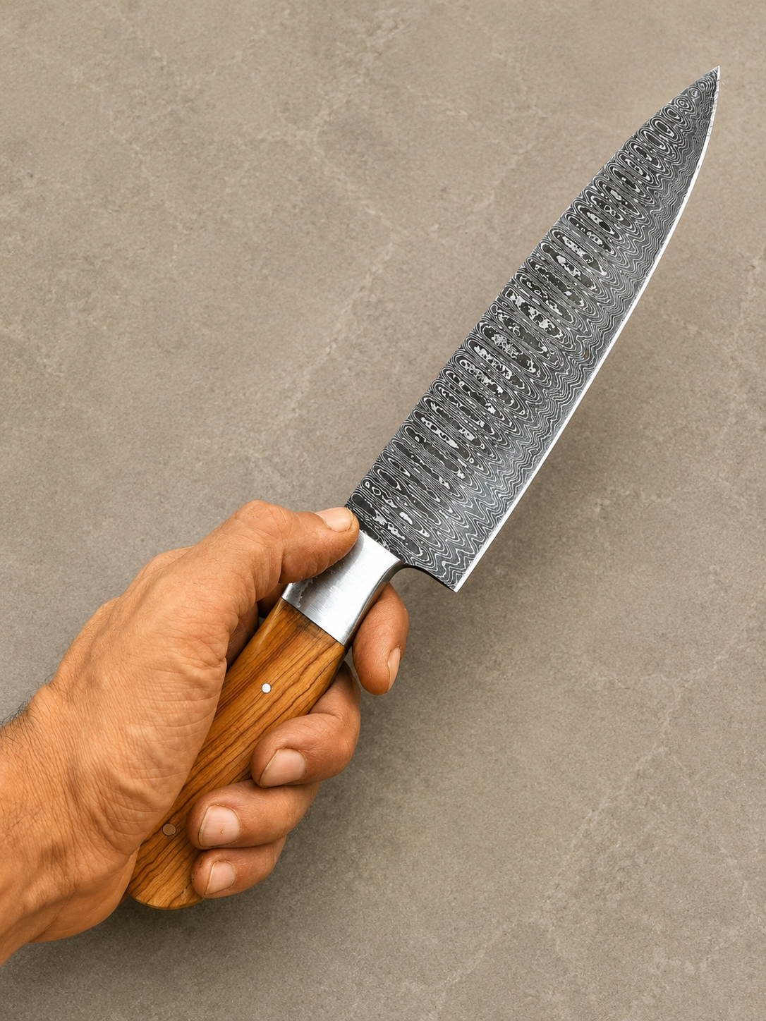 Artisan Damascus Chef Knife – 512 Layer Hand Forged Kitchen Knife with Wood Handle, Steel Bolster & Leather Sheath