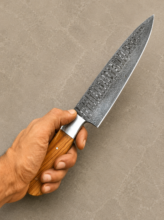 Artisan Damascus Chef Knife – 512 Layer Hand Forged Kitchen Knife with Wood Handle, Steel Bolster & Leather Sheath