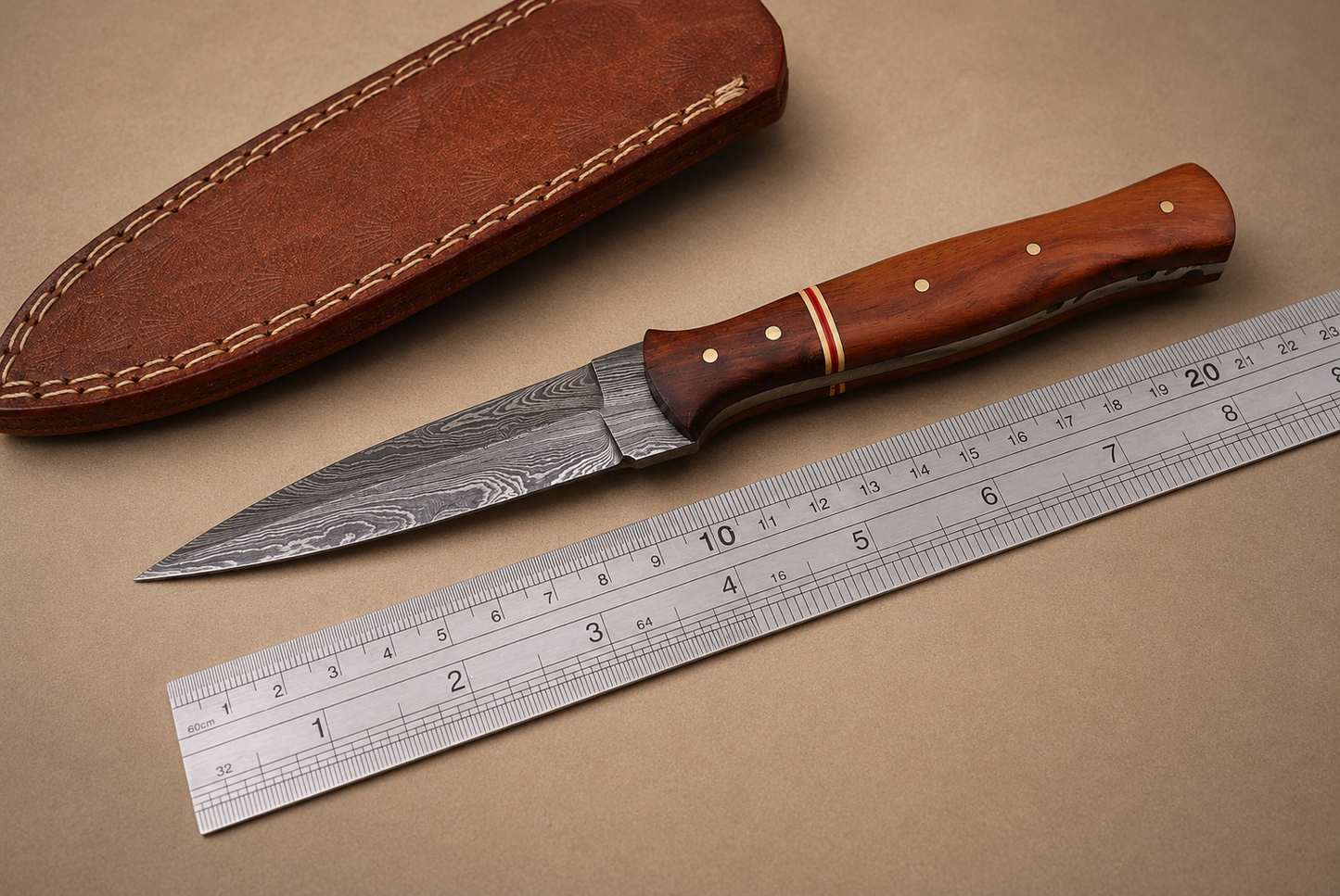 Timber Crest Damascus Steel Knife – 512 Layer Hand Forged Blade with Wood Handle & Leather Sheath