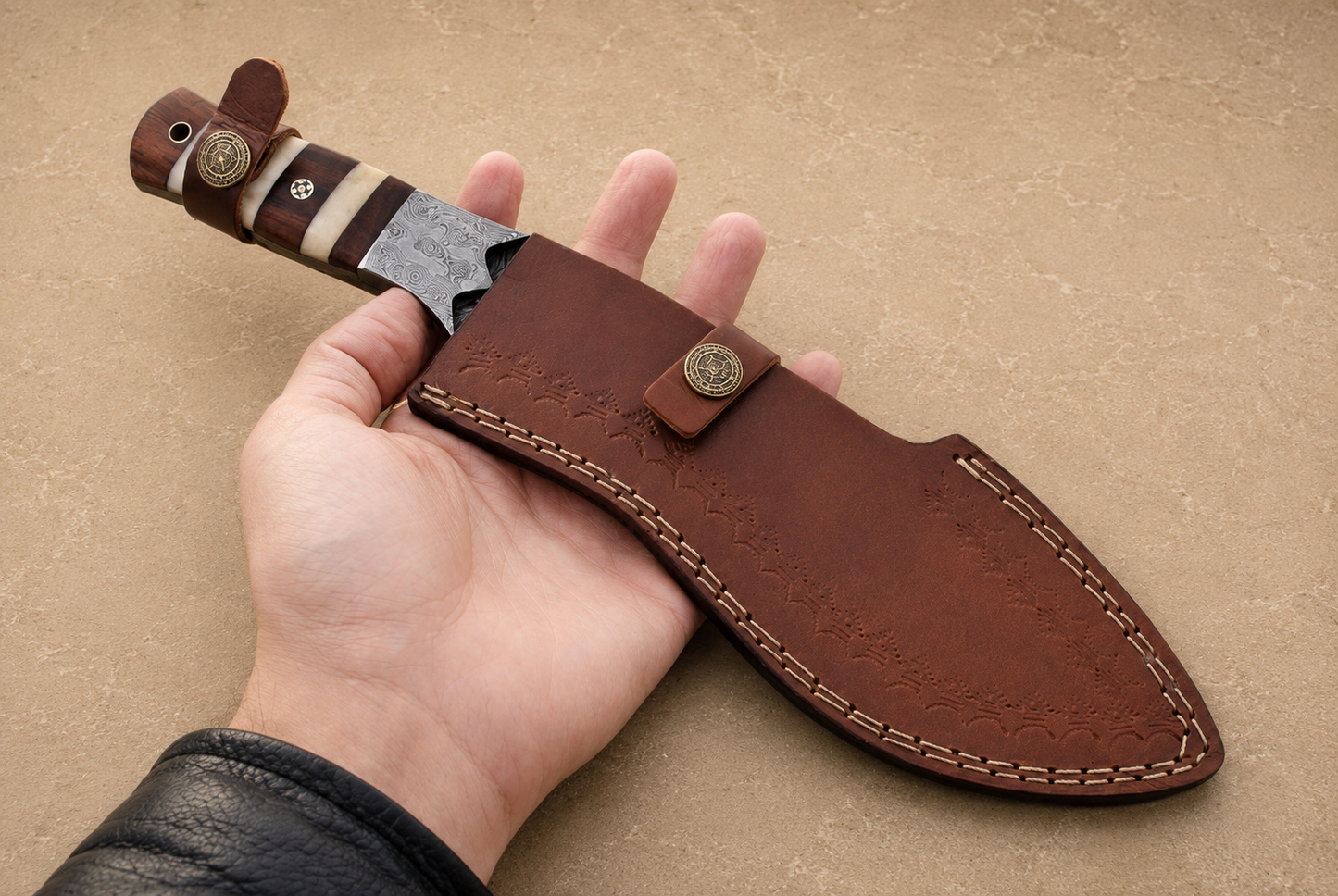 Heritage Curve Damascus Steel Utility Knife – 12" Hand Forged 512 Layer Blade with Camel Bone & Wood Handle, Leather Sheath