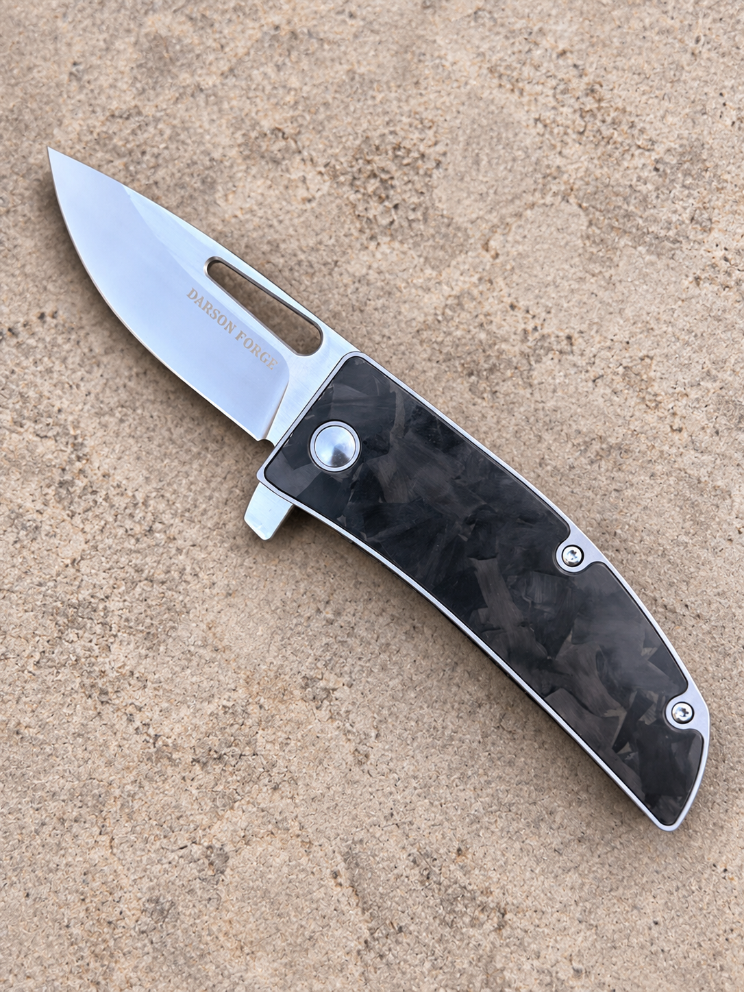 D2 Tool Steel Folding Knife with Forged Marble Carbon Fiber & Titanium Frame