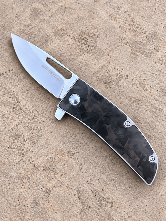 D2 Tool Steel Folding Knife with Forged Marble Carbon Fiber & Titanium Frame