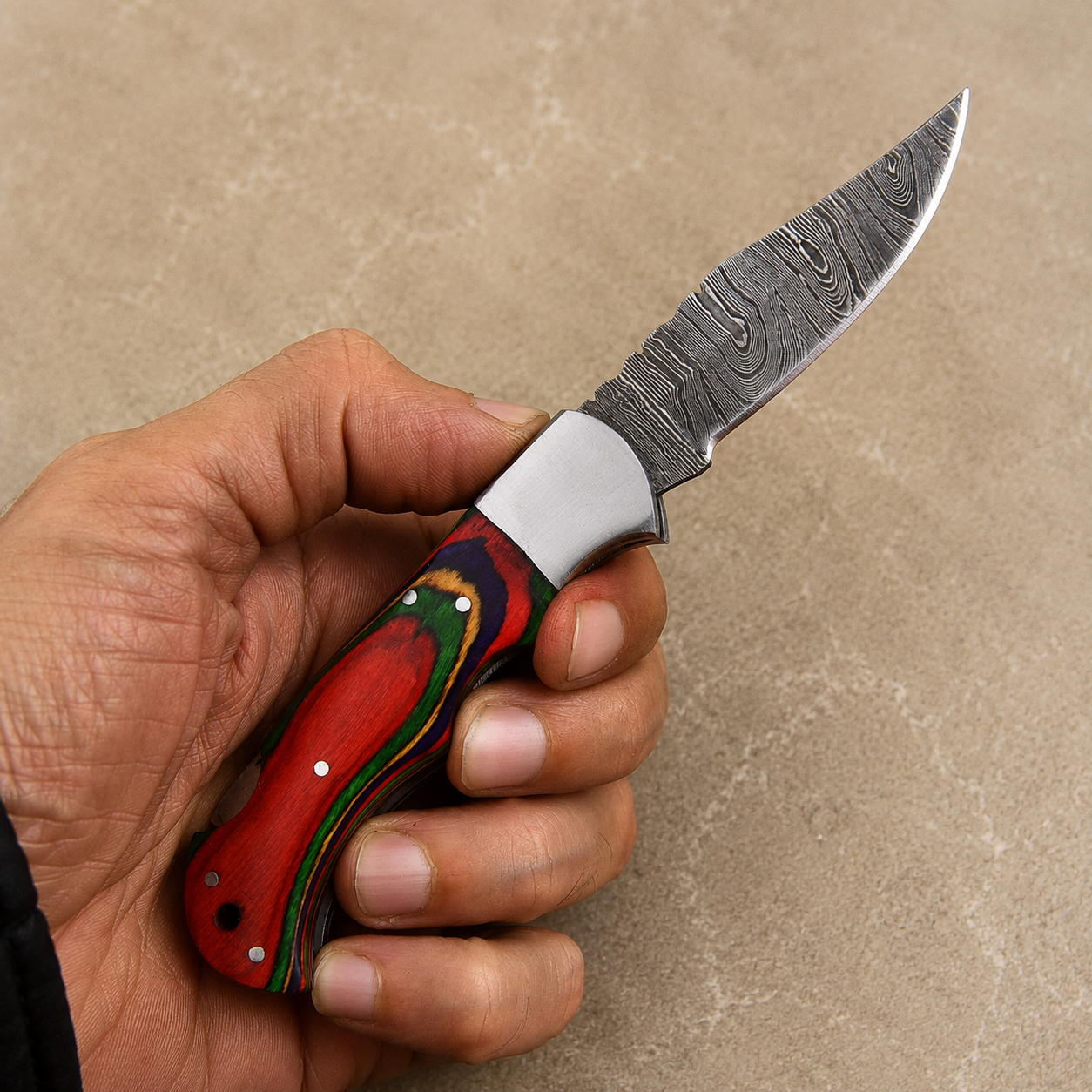 Classic Damascus Pocket Knife – Multi-Color Pakka Wood