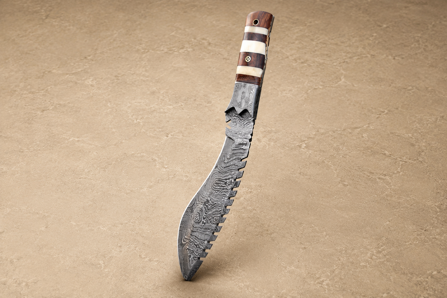 Heritage Curve Damascus Steel Utility Knife – 12" Hand Forged 512 Layer Blade with Camel Bone & Wood Handle, Leather Sheath