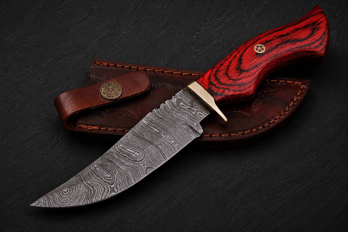 Timber Guard Damascus Steel Utility Knife – 512 Layer Hand Forged Fixed Blade with Stained Wood Handle, Brass Guard & Leather Sheath