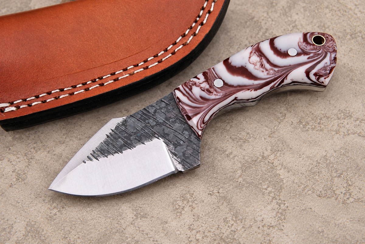 Hand Forged High Carbon Steel Utility Knife with Resin Handle & Leather Sheath
